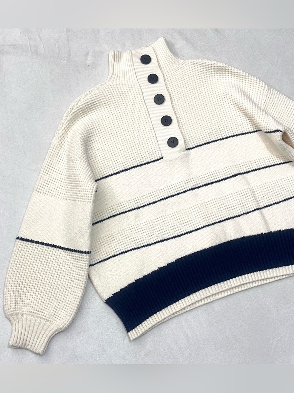 Vita Grace Cream and Navy Soft Thick Button Up Neck Waffle Sweater Women's Top - Picture 2 of 16